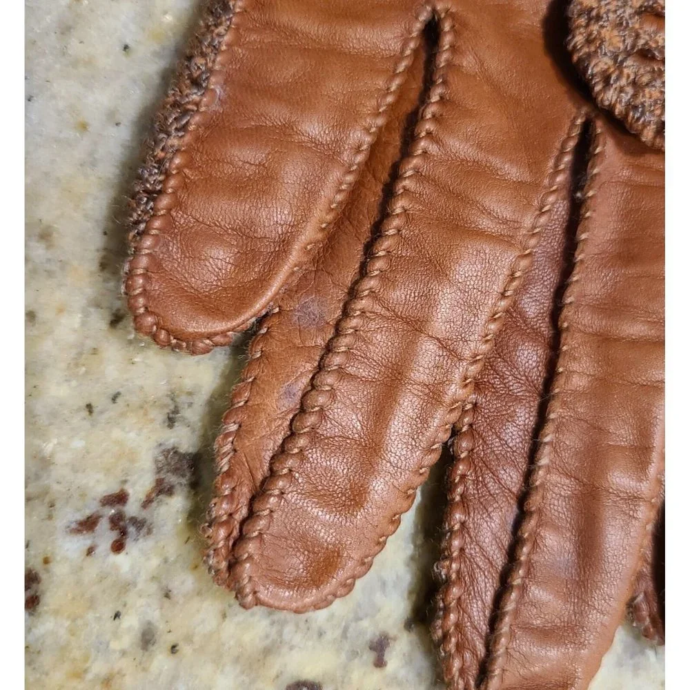 Vintage Size M 7 Brown Leather And Knit Handmade Gloves Hammer Of Hollywood
